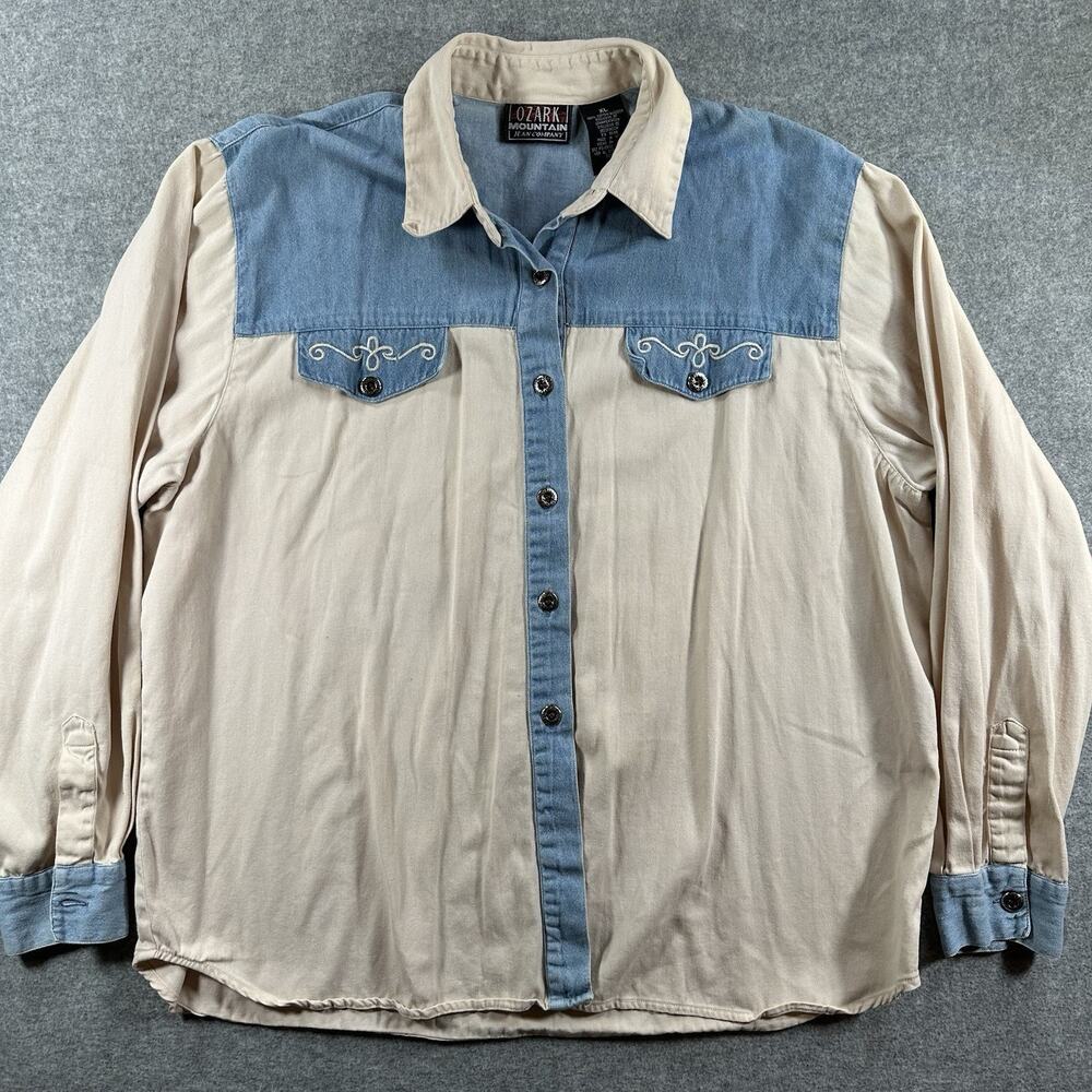 Ozark Mountain Western Colorblock Denim Shirt Embroidered Pockets Women’s XL